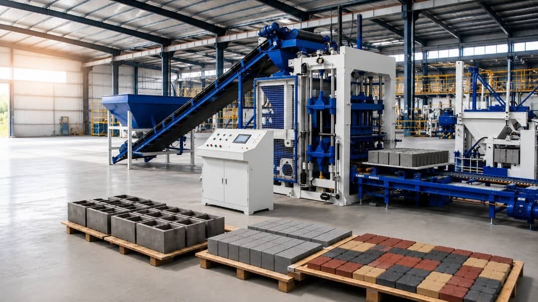 Presse hydraulique à parpaings et pavés dans une usine de matériaux de construction